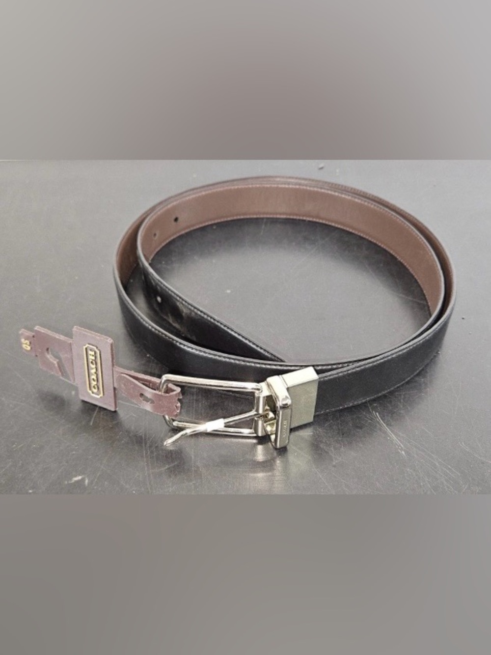 Coach Reversible Black or Brown Leather Belt with Silver reversible Buckle NWT